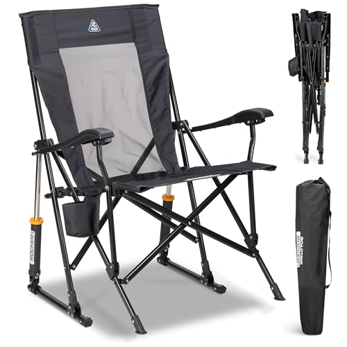 GCI Outdoor – Roadtrip Rocker – Faltbarer Campingstuhl mit patentierter Schaukelfunktion – Ideale Tischhöhe - hohe Sitzposition – bis 130kg belastbar – Tragetasche, Getränke- & Handyhalter - Charcoal
