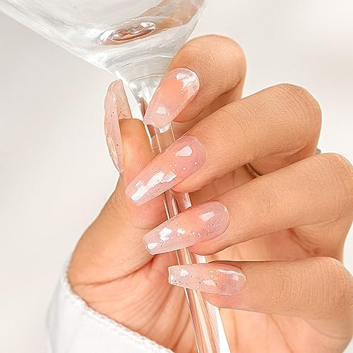 Sethexy Long Coffin Pink False Nails Handmade Rhinestone Blush Gradient Fake Nails Crystal Glitter Press On Nails Glossy Acrylic Salon Quality Nail Art Removable for Women and Girls (V)