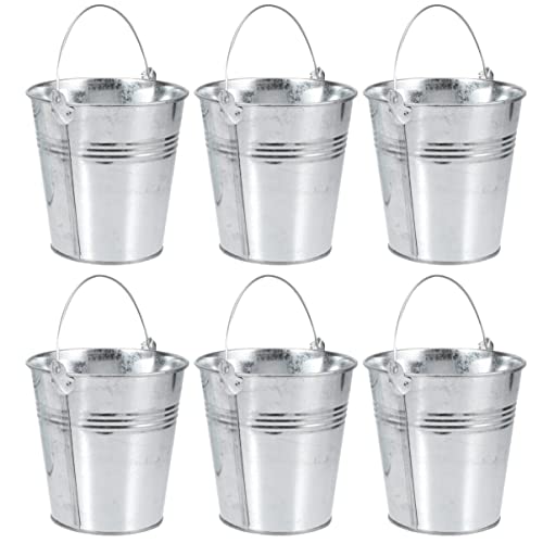Angoily Lot de 6 mini seaux en zinc argenté, pour invités, mariage, en métal, avec poignée de transport, pour décoration de table à bonbons, plantes de jardin,...