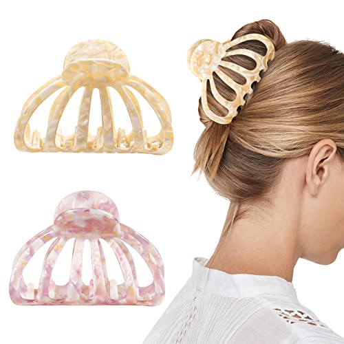 Shinowa - Juego de 2 pinzas para el cabello antideslizantes para mujer, clips de pelo gruesos, pinzas para garras, accesorios de pelo para mujeres niñas, rosa y blanco