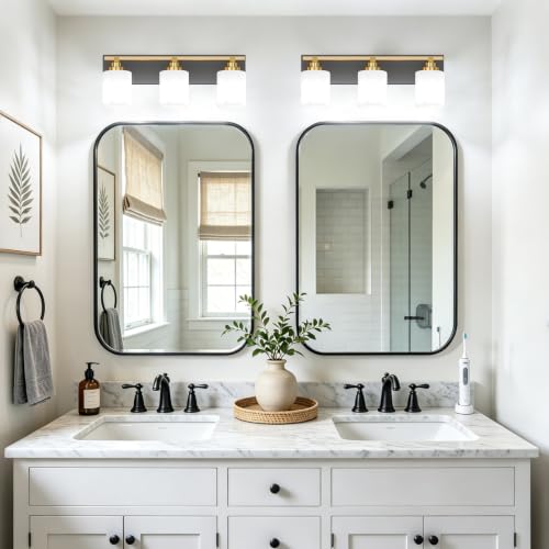 Image of Modern Bathroom Lighting Fixtures Over Mirror, Vanity Lights for Bathroom, Wall Sconces with Milky White Glass Shades, E26 Ceramic Socket, 3-Light 20-inch Black and Gold