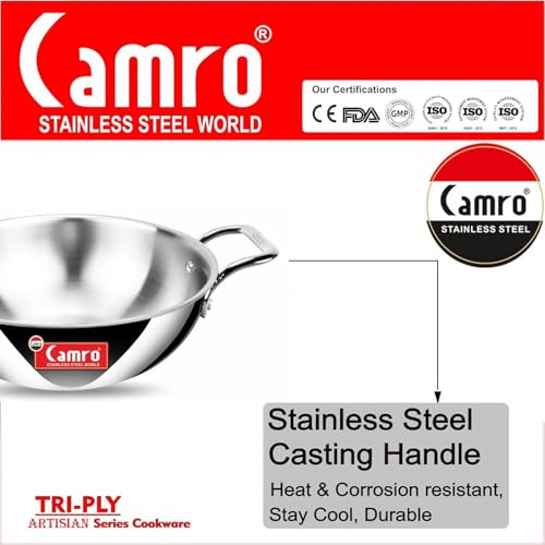 Image of Camro Triply Artisian Kadhai with Lid 18 Cm, 1 Liters | Kadhai for Deep Frying | Induction Base | Kadai for Cooking | Induction Friendly Dishwasher Safe