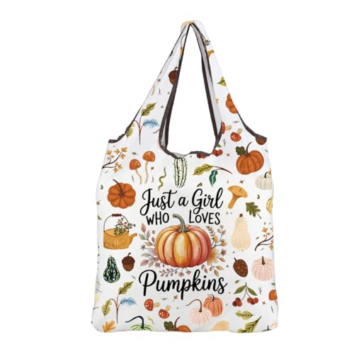 MEIKIUP Pumpkin Foldable Shopping Bag Fall Season Gifts Just a Girl Who Loves Pumpkins Halloween Reusable Tote Bag Autumn Gift (Pumpkin F-Bag-UK)
