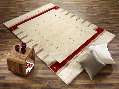 Mein Teppichmarkt Teppichträume werden wahr! Akali RAM Gabbeh Naturfaser Kurzflor in Hellbeige Rot Natur Größe: 70x140 cm Diele, Esszimmer, Flur, Kinderzimmer, Küche, Schlafzimmer, Wohnzimmer
