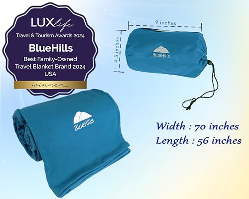 Image of BlueHills Ultra Compact Travel Blankets for Two with Portable Carry Case Case Premium Soft Plush Large Airplane Blankets 2 Pack for Car Plane Train Hotel Layover Peacock -C204-2pk-Teal