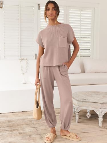 Image of ANRABESS Women's Two Piece Outfits Sweater Sets Knit Pullover Tops and High Waisted Pants Tracksuit Lounge Sets