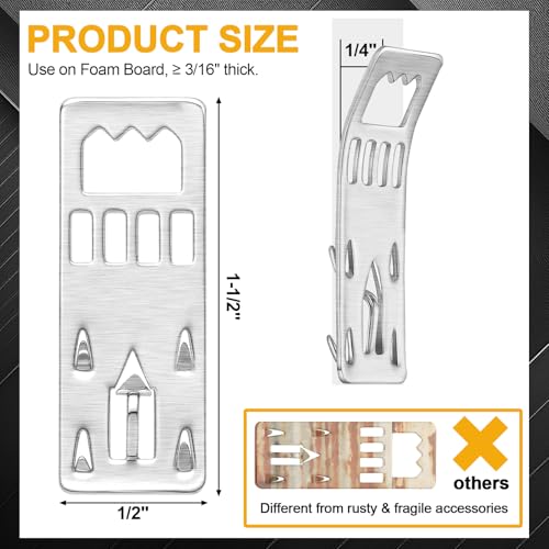 Image of MorningRo 100-pack Nailess Foam Board Hangers, Press-in Sawtooth Picture Frame Clips, Metal Poster Wall Hanging Hooks for Foamcore & Corrugated Backing, Supports 1 lb, Silver (1.5 x 0.5 in)