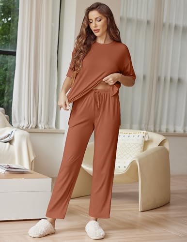 Image of Ekouaer Lounge Sets for Women Short Sleeve Tops and Long Pants Soft Comfy Pajamas Set 2 Piece Outfits