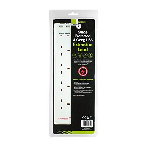 Benross 45620 4 Way Plus 2 USB Surge Protected 2 Metre Extension Lead, 2USB