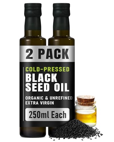 RAWYA Organic Cold-Pressed Black Seed Oil 250ml, Turkish Black Cumin (Kalonji, Nigella Sativa), Unrefined, Rich in Omega-3, 6, 9, Strong Taste for Hair, Skin, Face and Overall Wellness, Pack of 2