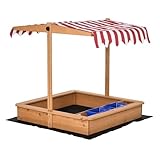 Generic Kids Sandbox for Girls and Boys, Bench Seats Wooden Sand Pit, Large Sandpit for Kids Outdoor with Adjustable Canopy Backyard Play, Ages 3-7 (Brown)