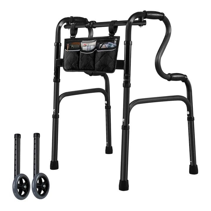 Black Stepped Handrail Walker for Seniors - 6" Removable Bearing Wheels, 7-Level Height Adjustable (31"-38"), Stand Assist Walker with Storage Bag, Fixed & Flexible Modes,Aluminum Folding Walkers