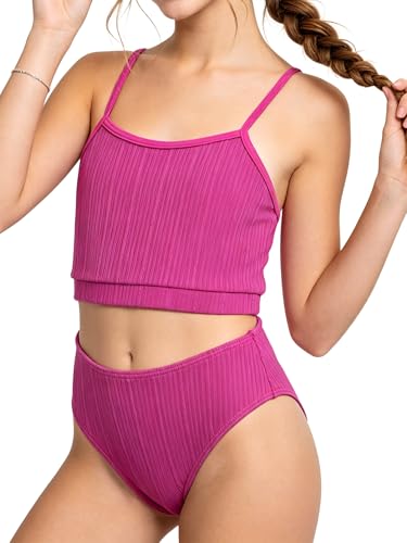 Glorycat Girls Bikini Sets 2 Piece Swimsuits – Ribbed Solid Red Bathing Suit Adjustable Strap Beach Swimwear for Girl 9-10Y