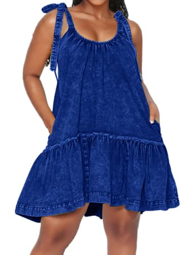 Image of Denim Dress for Women Tie Shoulder Sleeveless Denim Mini Dress Casual Flowy Babydoll Dress Wash Jean Dress