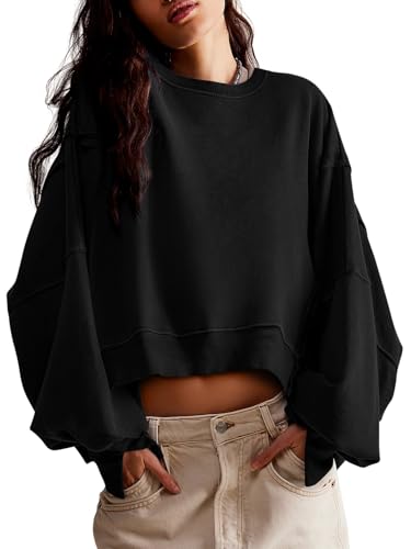 Zwurew Women Lined Tops Crewneck Long Sleeve Crop Sweatshirt Casual Fleece Hoodies Sweaters Black M