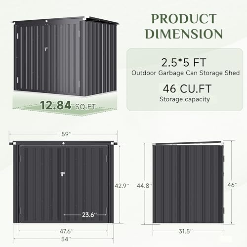 Image of AECOJOY Outdoor Trash Can Storage Shed, 46 Cu.Ft Metal Garbage Bin Enclosure with Lift-Up Lid & Gas Strut, Waterproof Outdoor Garbage Can Organizer, Bike Shed Backyard Patio Garden, Dark Grey