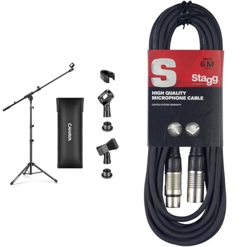 CAHAYA Pied de Microphone Mobile 2 en 1 Pied de Micro au Sol Trépied en Métal avec Deux Clips Différents Réglable et Pliable & Stagg Câble microphone de haute qualité XLR vers prise XLR, 6 m, noir