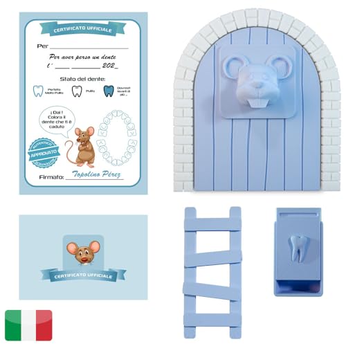 Myfuturshop® Topolino Perez Porta Magica, Scatola per Dente, Scala, 4 certificati di Dente Pulito. Regalo originale per ragazzo e ragazza. VERSIONE ITALIANA (BLU)