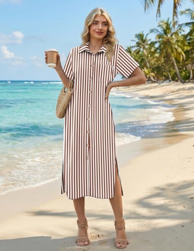 Image of HOTOUCH Womens Dress Summer Casual Midi Short Sleeve Button Down Shirt Dresses Loose Beach Cover Up with Pockets