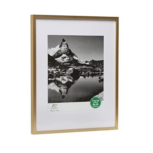 Frameworks 11”X14” Matted To 8”X10” – Deluxe Brass Gold Aluminum Contemporary Picture Frame With Tempered Glass And Removable Mat #TOP1