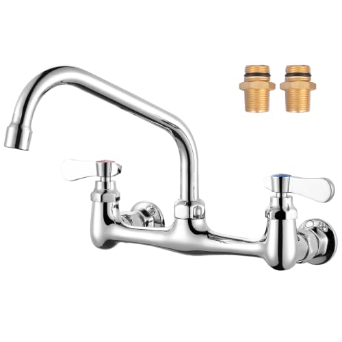 Commercial Sink Faucet Wall Mount 8' Center 8' Spout for Restaurant Kitchen | Solid Brass Lead-Free, 1.8/2.2 GPM Stainless Swivel Spout, Leak Free Anti-Water Hammer Valves 1/2' NPT Male Chrome Finish