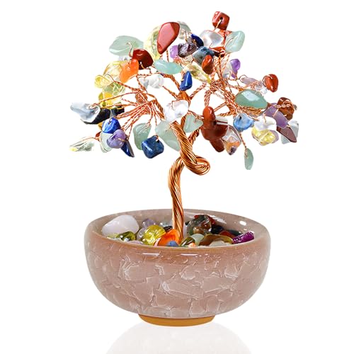 VLYX Rosenquarz-Kristall-Lebensbaum – Handgefertigter, farbenfroher Edelstein-Geldbaum für Zuhause und Büro, EIN positives Energiegeschenk für Frauen