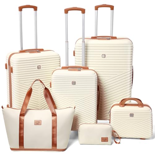 Hoteel 6 Piece Luggage Set (4-YEAR WARRANTY) Carry on ABS+PC Hard Shell Suitcase with Spinner Wheels & TSA Lock (Beige)