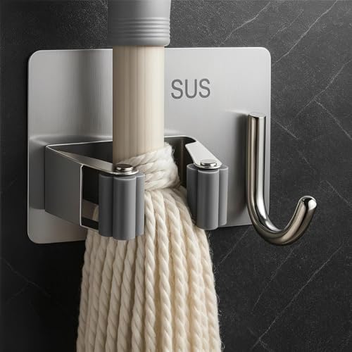 Image of JD FRESH 1 Pcs Stainless Steel Mop & Broom Holder Wall Mount with Hook /No Drill Anti Slip Sticky Waterproof Self-Adhesive Broom Hanger Stand Organizer for Kitchen, Garden, Bathroom, Garage (Grey)