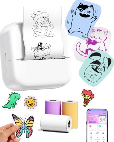 Image of Ponek Mini Sticker Printer, Mini Thermal Sticker Printer M02X, Stickers Maker Machine for Kids, Student, Family, Pocket Photo Printer for DIY Stickers, White