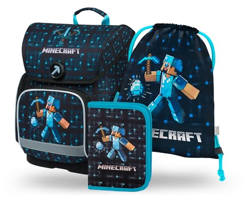 Baagl Schulranzen Jungen Mädchen Set 3 Teilig, Ergo Schultasche für 1. Klasse, Ergonomische Grundschule Ranzen Tornister mit Brustgurt (Minecraft Blue Axe)