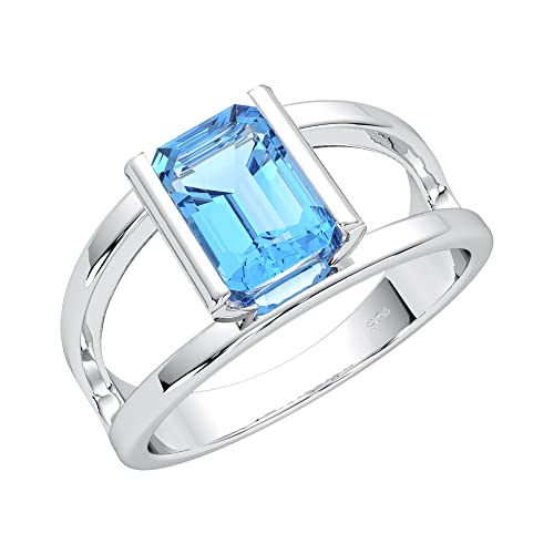 TISHAVI Created Swiss Blue Topaz 925 Sterling Silver Plated Ring for Women - December Birthstone Octagon Shape Blue Stone Jewelry Ring Size 7.5 - Gift for Her