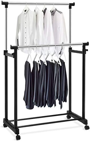 CASART Adjustable Garment Rack, Single/Double Rolling Clothes Organizer with Wheels, Rail Mobile Storage Clothing Stand for Home and Office (Double Rail)