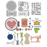 Motif de broderie:ces matrices de découpe en métal présentent avec précision des planches de broderie, épingles, pelotes de laine, aiguilles, ciseaux, bandages brodés, machines à coudre, bobines de fil et autres formes liées à la couture, riche en éléments, parfait pour les personnes qui aiment l'artisanat!