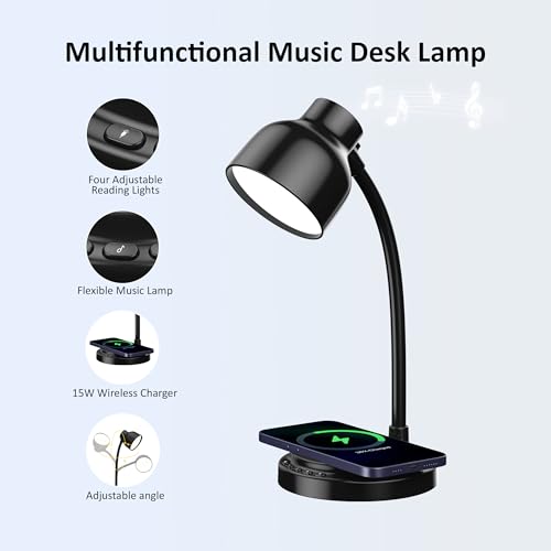 RORENSE LED Desk Lamp for Office Home, Adjustable 4 Level Brightness with Bluetooth Speaker&15W Wireless Charger&Portable Desk Light&Type C Adapter, Flexible Gooseneck Table Lamp for Bedside (Black) - Image 3