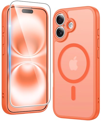 Image of FNTCASE for iPhone 16 Case Matte: Magnetic Phone Cases with Screen Protector Drop Proof Compatible with Magsafe Slim Anti Yellowing Rugged Shockproof Protective Translucent Cell Cover (C-Orange)