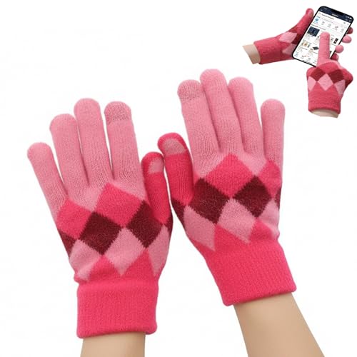 DailyAiYoYou Women's Pink Touchscreen Gloves – Fleece Lined Winter Gloves with Soft Faux Mink Velvet & Diamond Pattern, Warm Glove for Cycling, Driving & Running