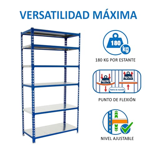 SimonRack Schwerlastregal, Lagerregal, 250x90x30 cm, Metallregal, Kellerregal, Biegestelle 180 kg, 6 Fachböden, Blau/Verzinkt - Simonclick