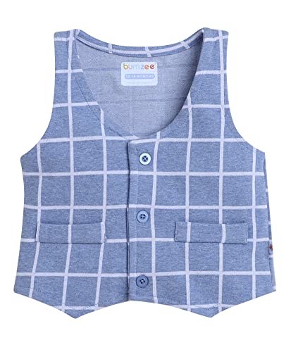 Image of BUMZEE Beige & Navy Boys Full Sleeves Shirt Waistcoat & Pant Set with Applique Bow (Peb8050)
