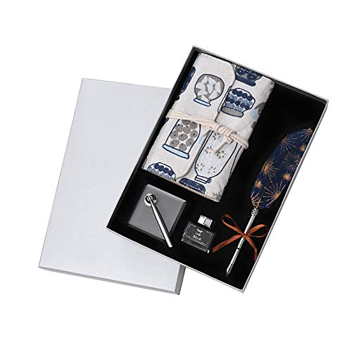 VANGOAL Starry Sky Series Feather Pen Set, Antique Dip Quill Pen Ink Set Includes Notebook Ink Pen Holder, Luxury Vintage Signature Fountain Pen Calligraphy Pen Metal Carving Pen Gift Set (Blue)
