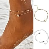 2023 Anklet for Women, Heart Charm Love Ankle Bracelet, Silver/14K Gold Plated Anklets, Adjustable B