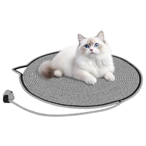 ORGMASTER Cat Scratch Pad, 23.6"x23.6" Cotton Rope Scratching Mat Board with Ear Shape Hanging Hook and Play Ball, Cat Scratch Furniture Protector for Wall Floor Couch Carpets Sofa, Black/White Cover