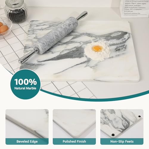 Tabla de Cortar de Mármol para Cocina, 50,8 x 40,64 cm, Blanca, con Patas Antideslizantes, para Repostería, Quesos, Charcutería y Chocolate miniatura 4