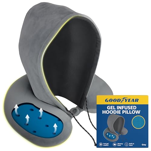 Image of Goodyear Travel Pillow with Hood - Neck Support for Comfortable Travel, Hooded Neck Pillow for Flights and Road Trips, Gray