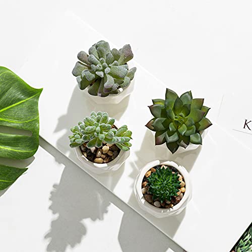 Mygift Set Of 4 Mini Assorted Artificial Succulent Fake Plants In Modern White Textured Ceramic Plant Pots #TOP6