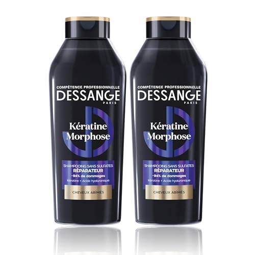 DESSANGE - Shampoing Sans Sulfates Réparateur Kératine Morphose - Formule Enrichie En Kératine Végétale & Acide Hyaluronique - Répare & Protège La Fibre Capillaire - Cheveux Abîmés - Lot de 2 X 280ml