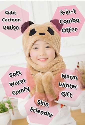 Kids 3 in 1 Plush Hat Scarf Gloves Set Winter Warm Long Hoodie Earflap Neck Warmer Mitten with Pocket Set Cute Boy Girl Gift3