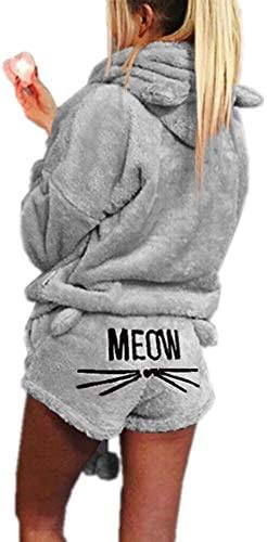 Missfamo Ladies Cute Sleepwear Fleece Hooded Cozy Sherpa Romper Fluffy 2Pcs Pj Short Set