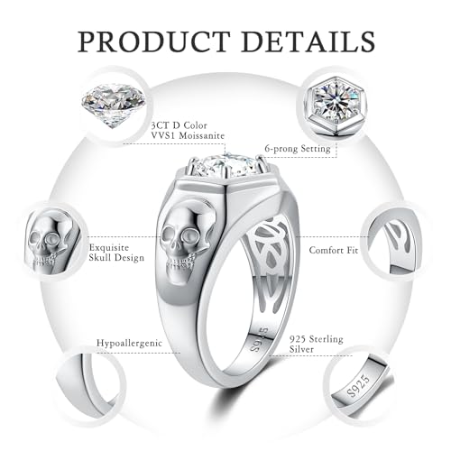 3CT Moissanite Engagement Rings for Men, D Color VVS1 925 Sterling Silver Skull Design Ring, Wedding Promise Anniversary Birthday Gift for Him3