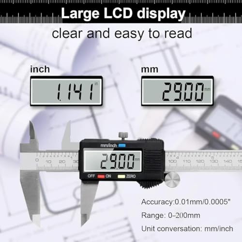 Image of 8 Inch /200 mm Digital Vernier Caliper,Micrometer,Gauge,Vernier Caliper with Large LCD Display Stainless Steel Measuring Tool,Anti-Rust Splashproof Design, mm /inch Conversion