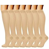 Pnosnesy 7 Pares de Calcetines de Compresión para Hombres y Mujeres, 15-20 mmHg Para Atletismo, Carrera, Viajes en Avión, Soporte (S/M, Beige)